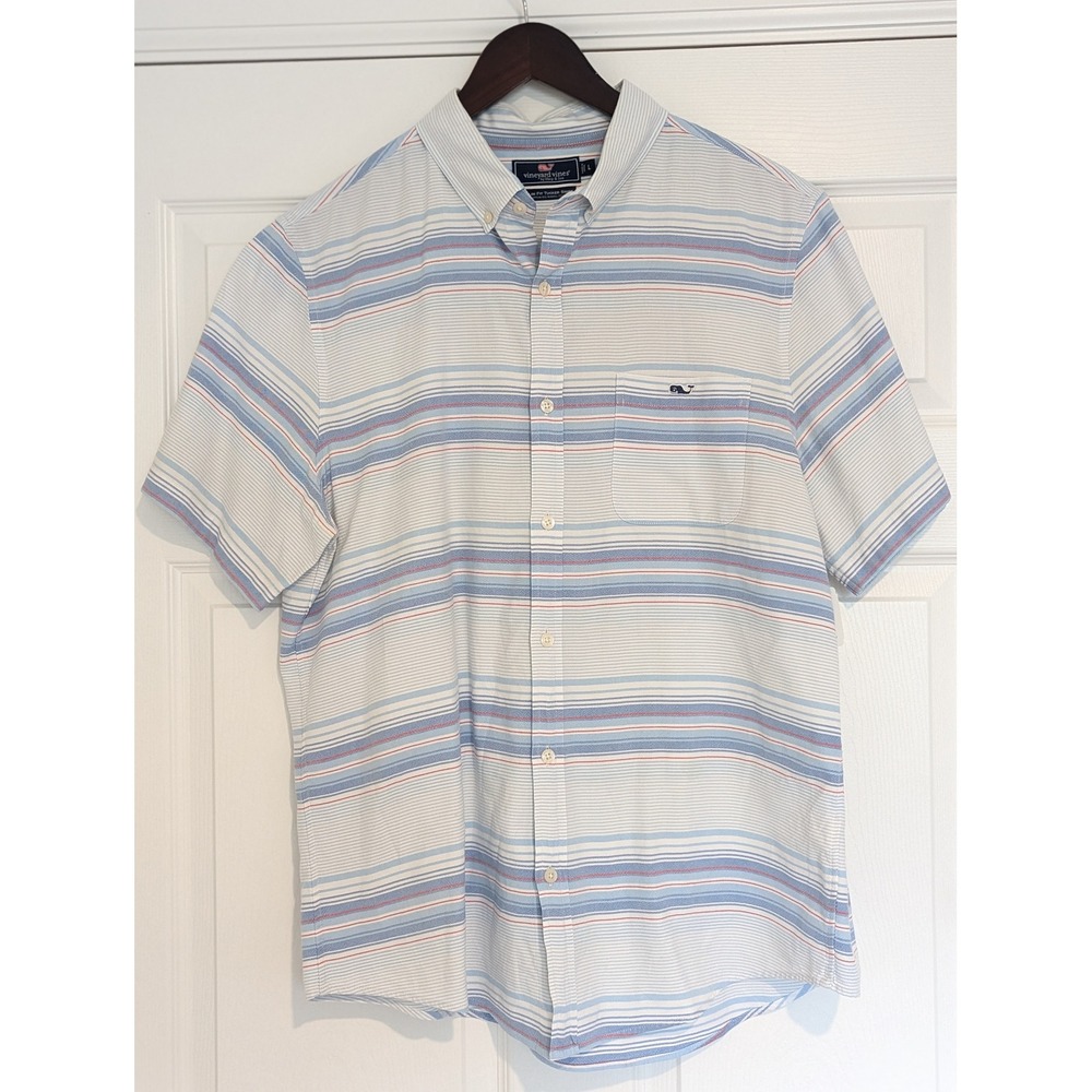 Vineyard Vines Slim Fit Tucker Shirt Mens Large Blue Striped Short Sleeve Cotton